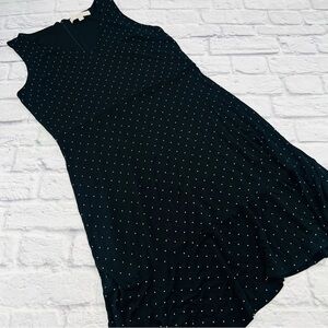 LOFT Midi Dress Size 12 Black White Polka Dot Sleeveless Knit Fit Flare Casual